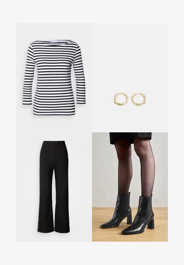 Langarmshirt mit navy- und weißen Streifen, weitem Ausschnitt und weichem, dehnbarem Stoff. Verfügt über gleichmäßige horizontale Streifen.; Schwarze weit geschnittene Hosen mit glatter Textur, hoher Taille und klarem Design. Keine sichtbaren Taschen oder Verzierungen.; Schwarze Leder-Ankle-Boots mit spitzer Zehenform, klobigem quadratischem Absatz und schlankem Design. Verfügt über elastische seitliche Einsätze für leichtes An- und Ausziehen.; Goldene Creolen mit einer strukturierten, unregelmäßigen Form. Sie verfügen über einen nahtlosen Verschluss und eine polierte Oberflächenbehandlung, die ein modernes Design betont.