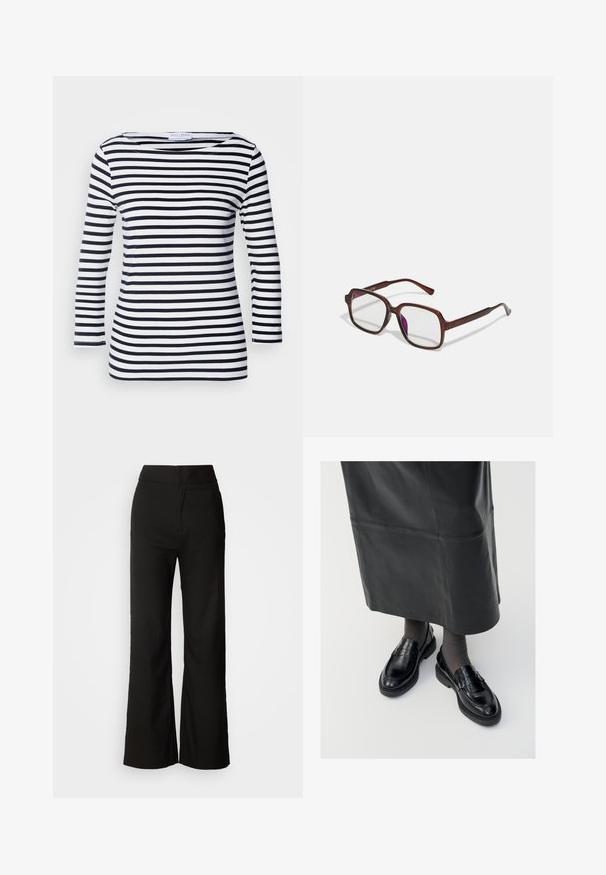 Navy ja valkoiset raidalliset pitkät hihaiset yläosat, joissa on leveä kaula-aukko ja pehmeä, joustava kangas. Ominaisuuksina tasaiset vaaka raidat kauttaaltaan.; Mustat leveät housut, joissa on sileä pinta, korkea vyötärö ja siisti muotoilu. Ei näkyviä taskuja tai koristuksia.; Musta nahka loaferit sileällä pinnalla, jossa on koristeellinen hihna, pyöreä kärki ja teksturoitu pohja. Yhdistetty pitkän mustan nahkahameen kanssa.; Ruske, rektangulære briller med transparente linser og lilla toner. Glatt plastisk ramme med rette stenger og subtile detaljer.; Kultaiset renkaat, joissa on teksturoitu, epäsäännöllinen muoto. Varustettu saumattomalla suljinnalla ja kiillotetulla pinnalla, mikä korostaa modernia muotoilua.