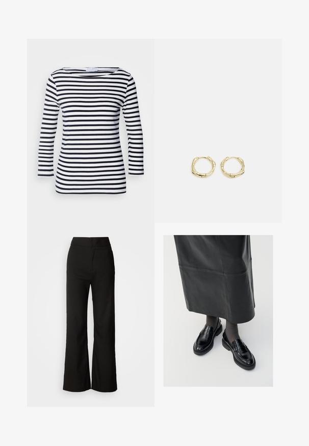 Mėlynos ir baltos juostelės ilgomis rankovėmis viršus su plačiu kaklu ir minkšta, elastinga medžiaga. Yra lygios horizontalios juostelės visame paviršiuje.; Juodos plačios kelnės su lygiu paviršiumi, aukšta liemeni, ir švariu dizainu. Nėra matomų kišenių ar papuošimų.; Juodos odinės loafer bateliai su glotniu paviršiumi, dekoratyvine juostele, apvalia nosimi ir tekstūruotu padu. Dėvimi su ilga juoda odine sijonu.; Aukso žiedo auskarai su tekstūruotu, netaisyklingu paviršiumi. Yra be siūlių užsegimas ir poliruotas paviršius, akcentuojantis modernų dizainą.