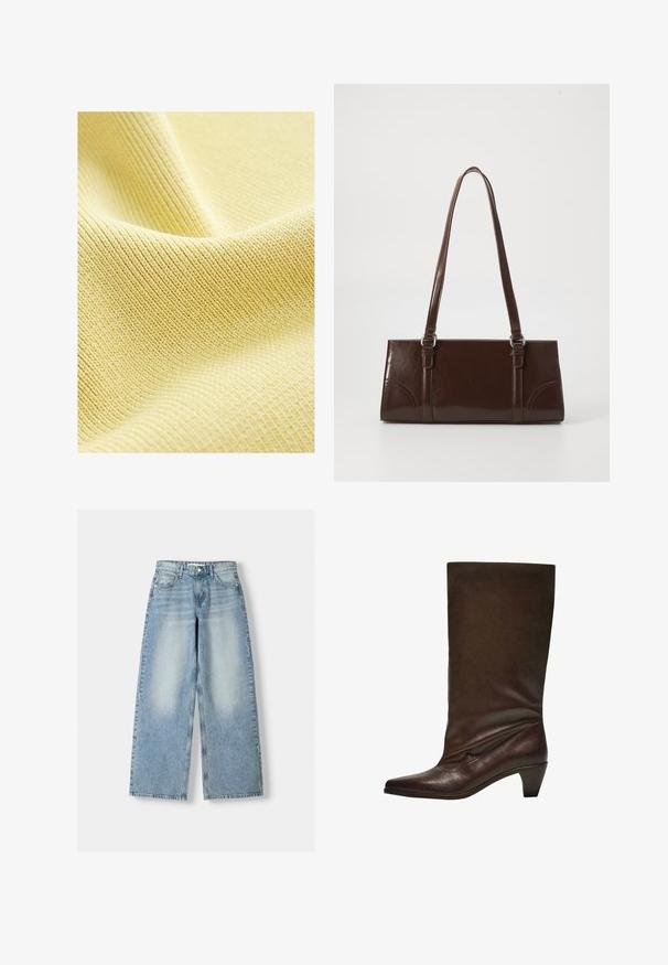 Țesătură galbenă texturată cu un model fin de nervuri, suprafață netedă și un aspect ușor și moale. Ideală pentru îmbrăcăminte sau tapițerie.; Jeans din denim de un albastru deschis, cu croială evazată și talie înaltă, având un finisaj decolorat, cinci buzunare și tăietură dreaptă.; Bota din piele maro închis, până la jumătatea gambei, cu toc joas pe fir, vârf ascuțit și o tulpină ușor lăsată, pe un fundal alb.; Geantă din piele patent maro, cu o formă rectangulară, două mânere lungi și accente ușor curbe pe față.