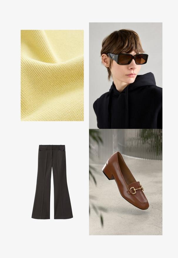 Tissu jaune texturé avec un motif fin à côtes, surface lisse et apparence douce et légère. Idéal pour les vêtements ou les revêtements.; Pantalons évasés noirs à taille haute ; dotés de deux poches avant et d'une texture de tissu lisse. Adaptés à diverses occasions.; Mocassin en cuir verni marron avec un bout carré, accent de chaîne métallique et petit talon carré ; texture lisse, design minimaliste.; Lunettes de soleil noires surdimensionnées avec une finition brillante, forme rectangulaire, verres teintés marron, et détail logo doré sur les branches.; Sac fourre-tout en suede marron avec deux longues poignées, fermeture à cordon, et design minimaliste. Texture lisse et sans accents matériels visibles.