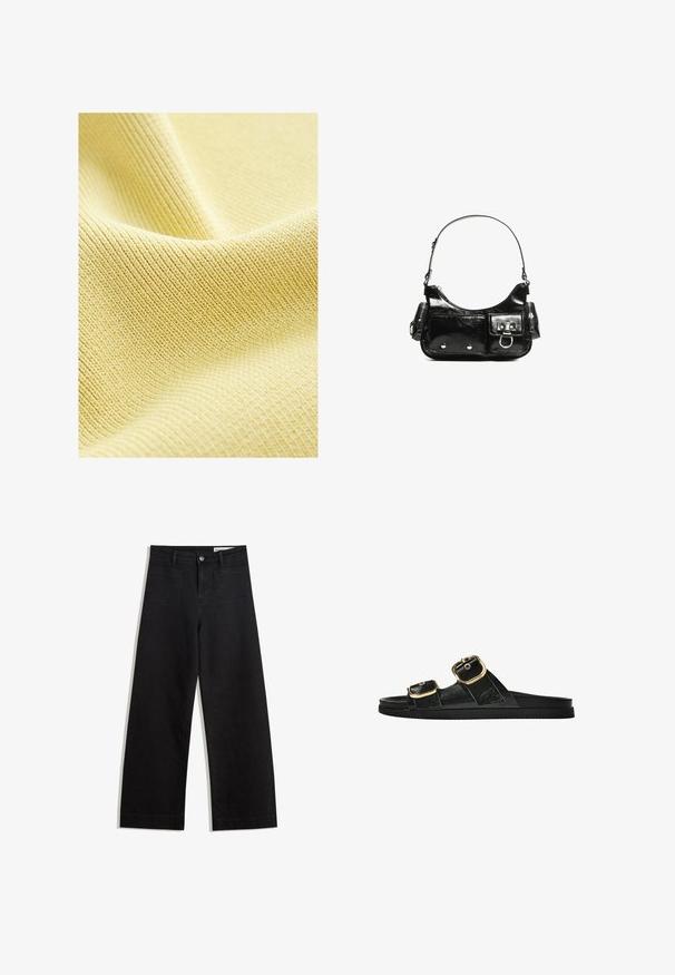 Geweven gele stof met een fijn ribbelpatroon, een gladde oppervlakte en een zachte, lichte uitstraling. Ideaal voor kleding of bekleding.; Zwarte denim broek met wijde pijpen en een hoge taille, voorzien van voor- en achterzakken, gestikte naden en een knoopsluiting. Gladde textuur.; Zwarte slipper met twee gouden gesps, gladde textuur, platte zool en een minimalistisch ontwerp.; Zwarte laarzen in lakleer met een gebogen vorm, één schouderband, voorvakken en accenten in zilverkleurig metaal.
