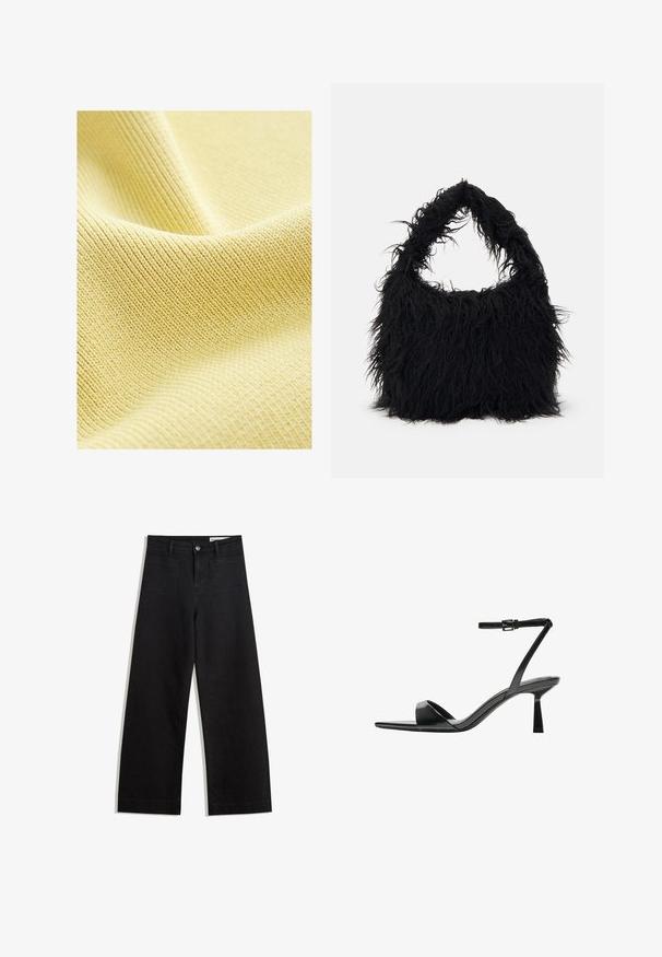 Tessuto giallo strutturato con un fine motivo a coste, superficie liscia e un aspetto morbido e leggero. Ideale per abbigliamento o tappezzeria.; Pantaloni in denim neri a gamba larga con vita alta, dotati di tasche anteriori e posteriori, cuciture a punto, e chiusura con bottone. Texture liscia.; Bershka Sandali con tacco - black; Even&Odd Shopping bag - black