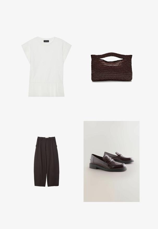 Weißes Kurzarmoberteil mit gefälteltem Saum, runder Ausschnitt und leicht strukturierten Ärmeln. Aus weichem Stoff für optimalen Tragekomfort.; Schwarze weit geschnittene Hosen aus einem glatten Stoff, mit hoher Taille, Frontfalten und Seitentaschen. Schlichtes Design ohne Verzierungen.; Burgunderfarbene Lackleder-Slipper mit abgerundeter Spitze, gepolstertem Fußbett und schwarzer Gummisohle. Mit einem dekorativen Riemen über der Vorderseite.; Braune geflochtene Lederhandtasche mit einem abgerundeten Obergriff und einer offenen Silhouette, die eine strukturierte Oberfläche und ein schlankes, minimalistisches Design aufweist.