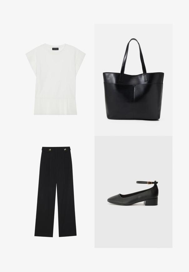 Valge lühikeste varrukatega pluus, millel on volditud äär, ümmargune kaelus ja veidi struktureeritud varrukad. Valmistatud pehmest kangast mugavuse tagamiseks.; Mustad laiad püksid kõrge vöökoha ja nööpdetailidega vööandil, esikortsudega.; Must mustaapp, millel on terav nina ja madal blokk-kand. Omab pahkluu rihma koos kuldse tooni pandlaga. Sile tekstuur.; Must mustaga musta nahast, millel on kaks pikka kanda, sile tekstuur ja struktureeritud kuju. Esipoolsel on lisakoti jaoks tasku.