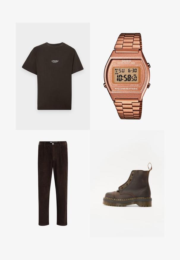 Schwarzes Baumwoll-T-Shirt mit kurzen Ärmeln und Rundhalsausschnitt, vorne in der Mitte mit dem weißen "JJ Studios"-Logo. Glatte Textur.; Redefined Rebel JOHN COMFORT FIT - Stoffhose - demitasse; Braune Leder-Ankleboots mit runder Spitze, kontrastierenden gelben Nähten, dekorativen Metallösen und rutschfester Gummisohle.; Digitaluhr von Casio mit einem roségoldenen Metallarmband, rechteckigem Gehäuse, beleuchtetem Display und Wasserfestigkeit, zeigt Uhrzeit und Datum an.