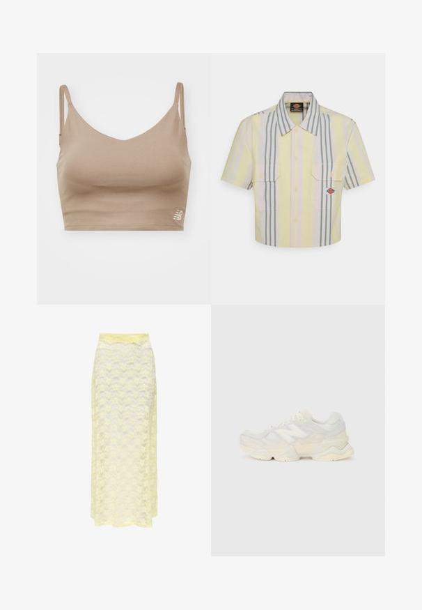 New Balance HARMONY LIGHT SUPPORT - Top - mushroom; Cropped short-sleeve shirt in light yellow with vertical green and pastel stripes. Features two chest pockets and a logo patch on the left pocket.; Yellow lace maxi skirt with a wavy pattern, featuring a smooth waistband and soft, sheer texture. Designed for a flowy silhouette.; Lightweight sneaker featuring a mesh and suede upper in soft cream tones, with a chunky sole and three-dimensional accents.