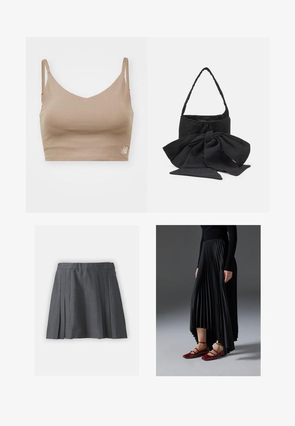 New Balance HARMONY LIGHT SUPPORT - Top - mushroom; Sivá skladaná sukňa vyrobená z textúrovaného materiálu, s pásom a skrytým zipsom. Obsahuje rovnomerne rozložené sklady pre štruktúrovaný vzhľad.; Čierna plisovaná sukňa s vysokým a nízkym lemom, skombinovaná s lesklými červenými balerínami s dizajnom remienkov. Tkanina má hladkú textúru.; Čierna textilná kabelka s viazanou mašľou, zaobleným tvarom, textúrovaným povrchom s drobnými vzormi a jedným tenkým uchom.