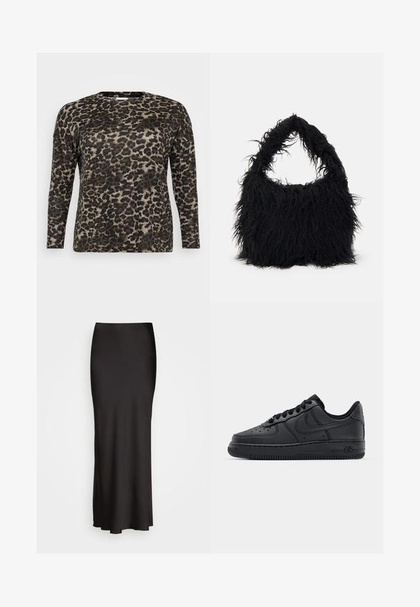 Langermet skjorte i lett stoff, med et svart og beige leopardmønster, rund halslinning og avslappet passform.; Svart, gulvlange satengsweater med en glatt tekstur, tilpasset livlinje og A-formet silhuett, uten synlige dekorasjoner eller mønstre.; Sorte lær sneakers med perforert tåboks, flate lisser og gummisåle. Har en liten logo på siden og teksturert detaljering.; Even&Odd Shoppingveske - black; Sølvring med hamret tekstur, bred ringkant og glatt innside. Reflekterende overflate fremhever den uregelmessige utformingen.