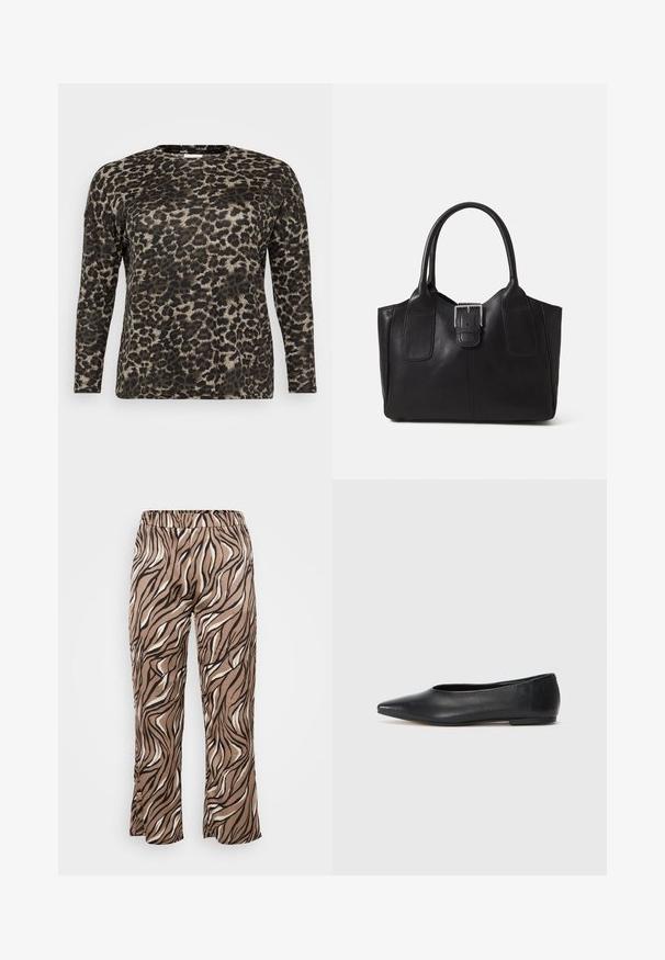 Ilgų rankovių marškiniai iš lengvos medžiagos, su juodu ir smėlio leopardų raštu, apvaliu iškirpimu ir laisvu siluetu.; Rudos ir kreminius zebro rašto kelnes su elastingu juosmeniu, plačiomis kojomis ir lygiu audinio paviršiumi.; Juodas odinis baleto batas, su smailiu pirštu, minimalistinio dizaino, lygiu paviršiumi, žemo profilio kulnu, be matomos aparatūros ar papuošimų.; Juodas odinis nešiojamas krepšys su lygiu paviršiumi, struktūrine forma, dviem rankenėlėmis ir ryškiu sidabriniu sagties akcentu priekyje.