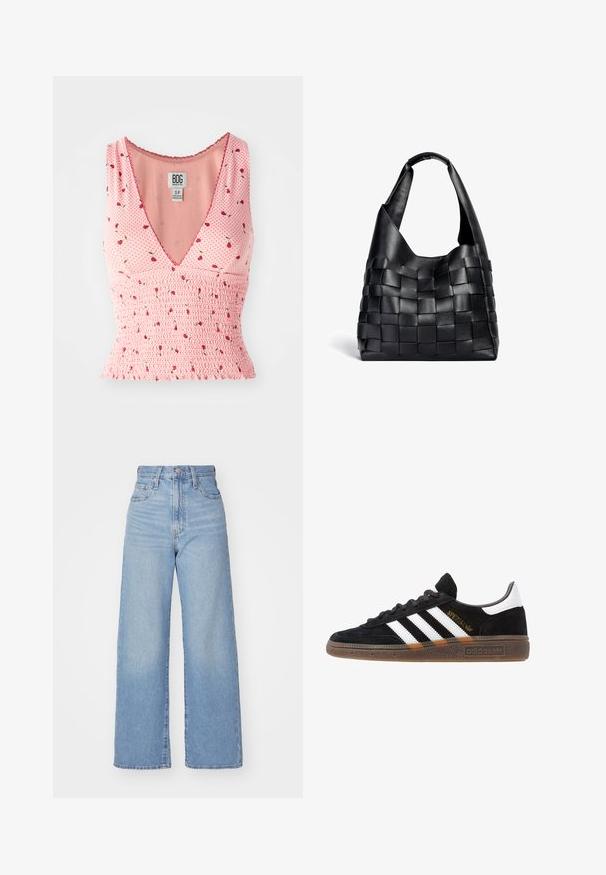 Rozā bezpiedurkņu tops ar V-veida kakla izgriezumu, kas rotāts ar smocētiem elementiem un ziedu rakstu. Uz polka punkta fona ir izkaisīti mazi sarkani ziedi.; Gaiši zili augstās jostas vidukļa platās bikses ar priekšējo pogu un rāvējslēdzēju, priekšējām un aizmugurējām kabatām uz baltā fona.; Melnas Adidas sporta kurpes ar baltām svītrām, zelta "Spezial" uzrakstu, gumijas zoli un baltu papēža daļu, attēlotas profila skatījumā.; Melna ādas austā tote soma ar brīvu formu un plašu plecu siksnu. Aprīkota ar teksturētu, savītotu dizainu ar gludu apdari.