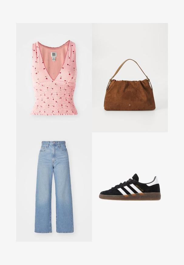 Roosa ilma varrukateta topp V-kaelusega, kus on smockimise detailid ja lillemuster. Väikesed punased lilled on hajutatud täppide taustale.; Heledad sinine kõrge vöökohaga laiad teksad, ees nupp ja tõmblukk, ees ja taga taskud, valge tausta peal.; Mustad must Adidas'i sneaker valgete triipudega, kuldse "Spezial" tekstiga, kummi tallaga ja valge kontsaga, kujutatud külgvaates.; Pruun nubukist käekott, millel on kokku tõmmatud disain, ühesaanvärvilise naha rihmaga ja esiküljel peen kuldne logo detail.