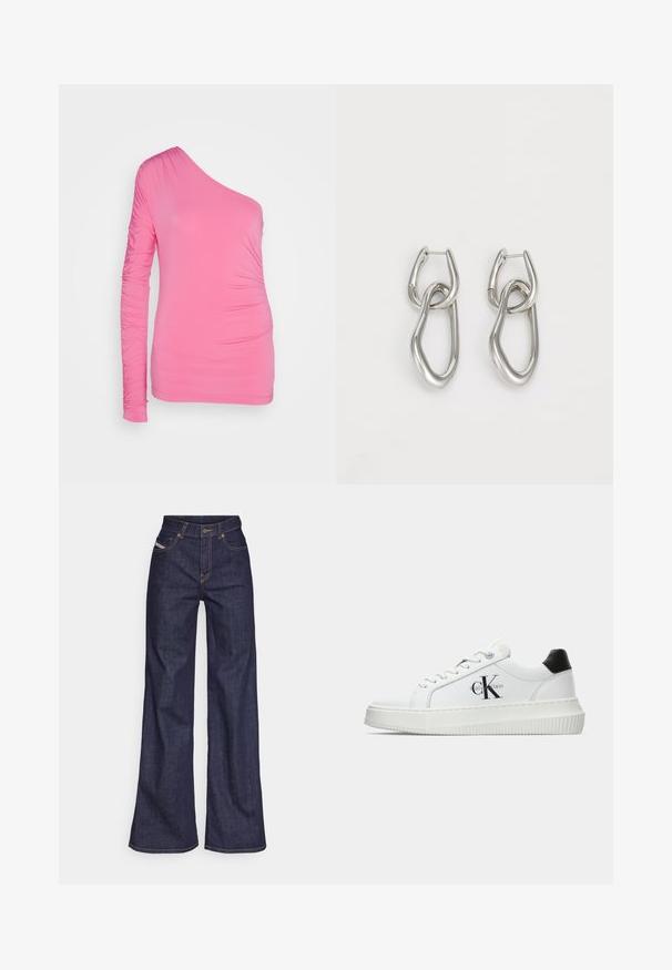 Top rosa a spalla unica realizzato in materiale elasticizzato. Presenta dettagli arricciati sulla manica lunga e sul lato per una silhouette aderente.; Jeans a gamba larga di denim blu scuro con vita alta, caratterizzati da cuciture arancioni, design a cinque tasche e chiusura con bottone.; Sneaker bassa bianca con tassello nero sul tallone, suola a piattaforma, lacci e logo "CK" di Calvin Klein sul lato.; Calvin Klein STATEMENT LINKS - Orecchini - silver-coloured