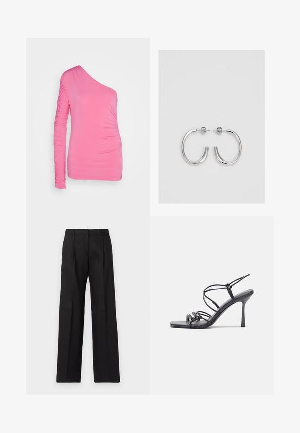 Ružova majica na jedno rame izdelana iz raztegljivega materiala. Ima gubarjene detajle na dolgih rokavih in ob strani za obliko prileganja.; Črne krojene hlače s pravim krojem, ki imajo ostre plisirane detajle in gladko teksturo. Narejene so iz lahkega materiala.; Črne visoke sandale na peto imajo tanke naramnice z vozlom, gladek kvadratni toe in eleganten stiletto peto.; Srebrne obročaste uhane z gladko, sijočo površino. Zaobljena oblika, lahka zasnova, z zapiranjem na zatič.