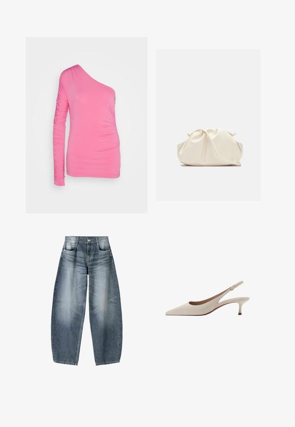 Różowa bluzka na jedno ramię wykonana z elastycznego materiału. Posiada marszczone detale na długim rękawie i z boku, co tworzy dopasowaną sylwetkę.; Jeansy o szerokich nogawkach w jasnoniebieskim denimu z wyblakłymi miejscami, z pięcioma kieszeniami, zapinane na guziki oraz minimalnymi detalami przeszycia.; Beżowe szpilki slingback z zakończeniem w szpic i niskim, rozkloszowanym obcasem. Wykonane z gładkiej skóry, o minimalistycznym wzornictwie i regulowanym pasku.; Kremowa, miękka torba z sztucznej skóry o marszczonym wzorze, z regulowanym paskiem i subtelnym zapięciem na sznurek. Gładka faktura i zaokrąglony kształt.
