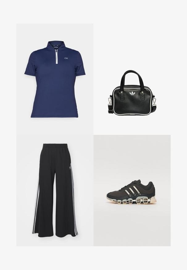 Námořnická modrá polo košile s krátkým rukávem, vysokým límcem a polo zipem. Na hrudi se nachází bílé logo CK a je vyrobena z měkké tkaniny.; Černé pohodlné tepláky širokého střihu s elastickým pasem, na boční straně s bílými pruhy a vyšitým logem na levé stehně.; Černá atletická bota s texturovaným svrškem, třemi stříbrnými pruhy a výraznou odpruženou podrážkou se spoustou integrovaných sekcí.; Černá kožená kabelka se dvěma krátkými uchy, stříbrným kováním, bílými detaily a bílým logem. Má texturovaný povrch a kompaktní design.