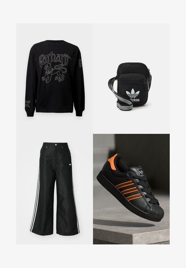 Mustvalge pikade varrukatega särk, millel on valge lionimustris ja tekst, ümmargune kaelus ja soonikkoes mansetid.; Mustad mustadeline denimipüksid, millel on kummalgi küljel kolm valget triipu ja väike valge logo. Omab esikotte ja nööbiga kinnihoidmist.; Mustad mustad mustad oranzhides üksikasjad, kolm horisontaalset triipu, tekstureeritud nahk pealisosa, kummist varbaosa ja mustad paelad.; Mustmust värvi risti koti, millel on tõmblukuga sulgemine, valge Adidas'i logo ja triibuline reguleeritav rihm mugavaks kandmiseks.