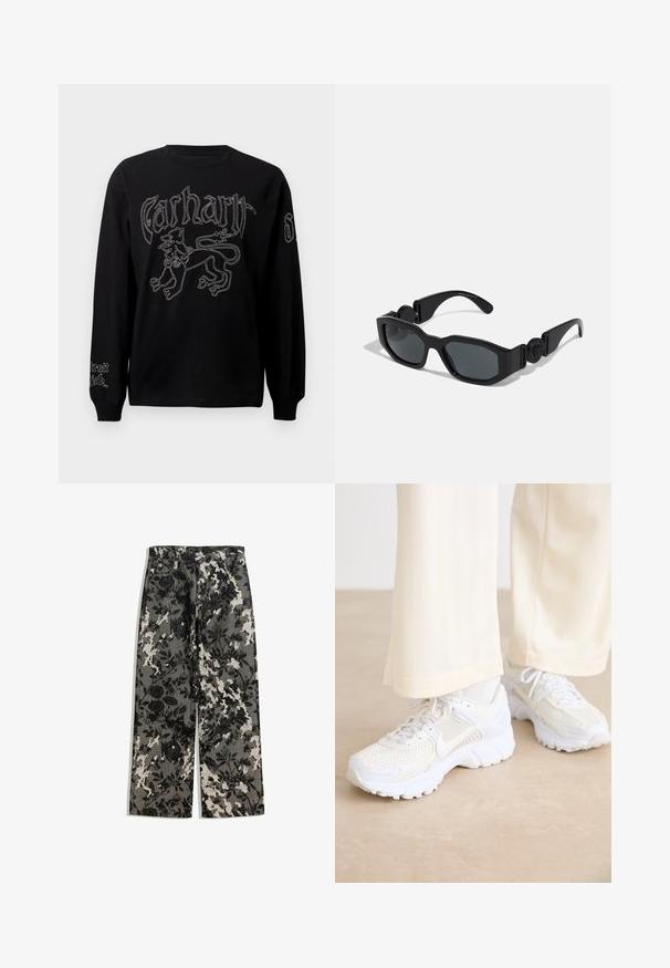 Black long-sleeve shirt featuring white embroidery of a lion and text, with a round neckline and ribbed cuffs.; Mid-rise wide-leg pants in a textured black and white floral pattern on a gray background, featuring a classic waistband and front pockets.; White athletic shoes with a mesh design, textured surfaces, and supportive soles. Laces and subtle branding detail on the side.; Black sunglasses with angular frame, thick edges, dark tinted lenses, and circular accent detail on the temples. Smooth plastic material.; Even&Odd Tote bag - black