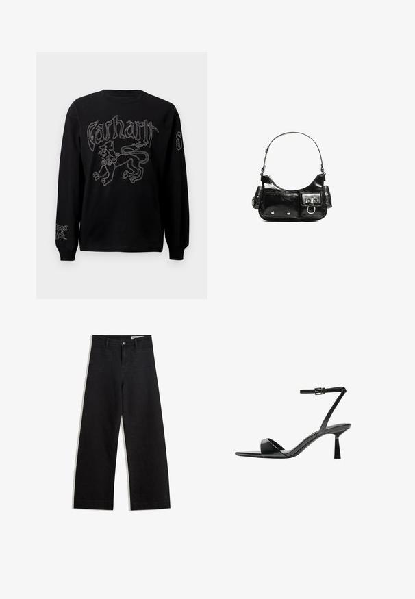 Tricou negru cu mâneci lungi, prezentând broderie albă cu un leu și text, având guler rotund și manșete cu nervuri.; Pantaloni din denim negri cu picioare largi, cu talie înaltă, având buzunare frontale și posterioare, cusături dublate și închidere cu nasture. Textură netedă.; Bershka Sandale cu toc - black; Geantă de mână din piele lăcuită neagră, cu o formă curbată, un umăr, buzunare frontale și accente din metal argintiu.