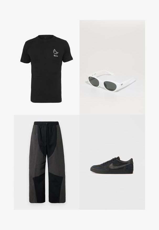 Juodas medvilninis marškinėliai su apvaliu iškirpimu, trumpomis rankovėmis ir baltu grafiniu piešiniu, vaizduojančiu kruasaną, po kuriuo rašoma „Paryžius“. ; Juodi kelnės su vilnoniu akcentu, laisvu kirpimu, su kontrastingomis tamsiai pilkomis medžiagos panelėmis ir reguliuojamu raišteliu juosmenyje.; Juodi suediniai sportbačiai su žemu profiliu, guminiu padu, tekstūruotomis šoninėmis dalimis ir toniniu Nike swoosh logo. Su raišteliais priekyje, paminkštintu apykakle.; Baltos akiniai nuo saulės su apvaliais rėmeliais ir tamsiais lęšiais. Pasižymi lygaus plastiko tekstūra ir mažu logotipu ant šventyklos.