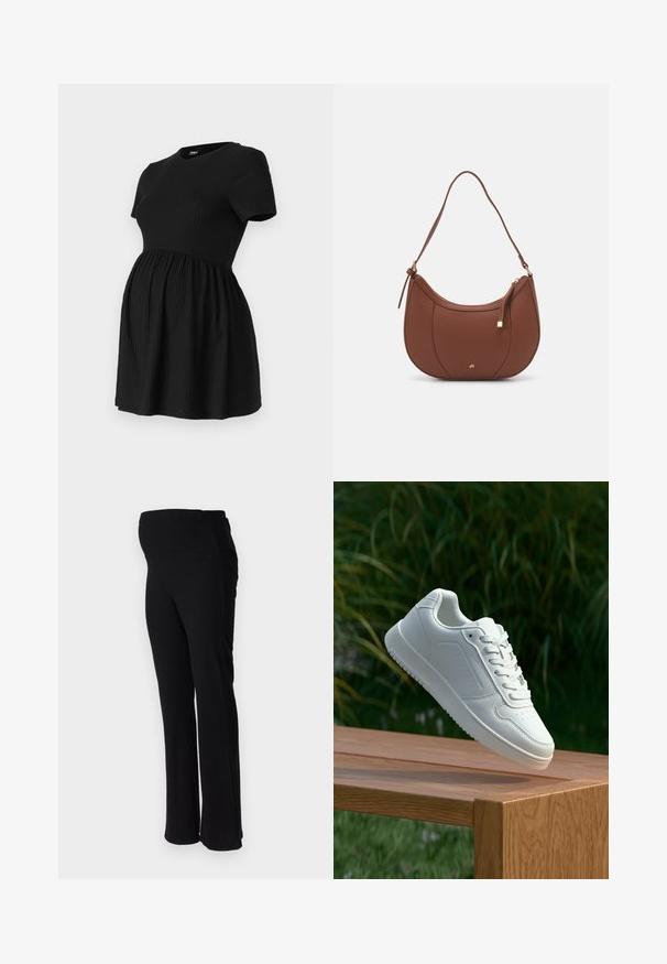 ONLY MATERNITY OLMMALAYA - Základné tričko - black; ONLY MATERNITY OLMHALLE - Nohavice - black; Biele tenisky s hladkým syntetickým zvrškom, perforovanou špičkou, plochými šnúrkami a textúrovanou podrážkou, vystavené na drevenej ploche.; Hnedá umelá kožená taška cez rameno s zakriveným tvarom, minimalistickým šitím a zlatými akcentami. Obsahuje zips na vrchu a nastaviteľný popruh.