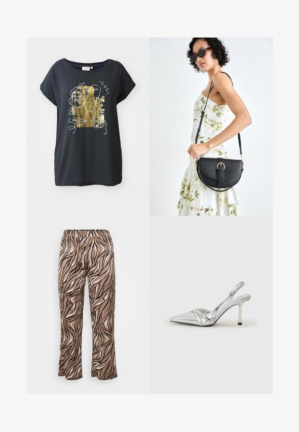 Juodas trumpas rankovės marškinėliai su auksinės ir baltos abstrakčios veido spauda. Lygi medžiaga, laisvas kirpimas ir platus iškirpimas.; Rudos ir kreminius zebro rašto kelnes su elastingu juosmeniu, plačiomis kojomis ir lygiu audinio paviršiumi.; Sidabriniai slingback aukštakulniai batai su smailia pavadinimu, metaliniu paviršiumi, dviem dekoratyvinėmis juostelėmis ir lieknu kulnu su juodu galiuku.; Juodas odinis krepšys su išlenkta forma, nuimamu dirželiu ir auksiniais detalėmis. Krepšys turi kilpą su sagtimi.
