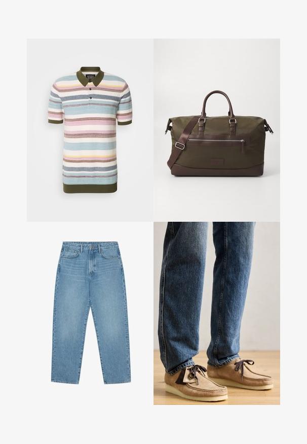 Scotch & Soda STRUCTURE - Poloshirt - multi-coloured; Hellblaue Jeans im weit geschnittenen Stil mit hoher Taille, ausgestattet mit fünf Taschen, Gürtelschlaufen und einer weichen, leicht verblassten Textur.; Wildleder-Mokassins in Tan mit dunkelbraunen Akzenten, runder Zehenform und weichem weißen Fußbett. Sie verfügen über ein Schnürdesign und gestickte Details.; Canvas-Duffel-Tasche in Olivgrün mit braunen Lederakzenten, ausgestattet mit zwei Griffen, einem abnehmbaren Schultergurt und einer Vorderreißverschlusstasche.
