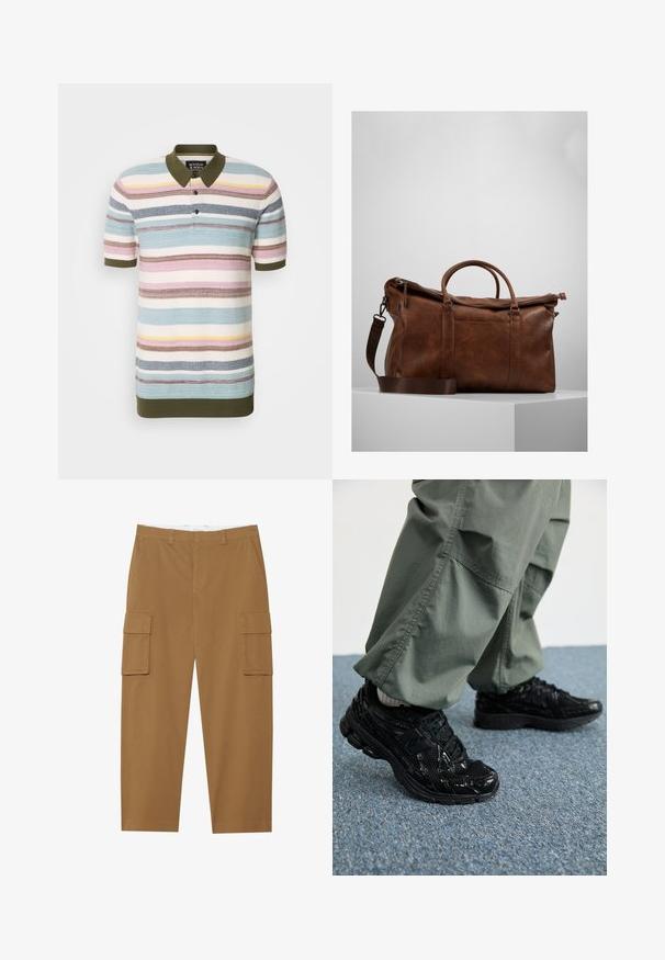 Scotch & Soda STRUCTURE - Poloskjorter - multi-coloured; Brune cargo bukser med to sidelommer, en flad front og lige ben. Lavet av et slitesterkt stoff med en jevn tekstur.; Svarte sportssko med glossy og mesh teksturer, med en tykk såle og lisser, kombinert med løse olivengrønne cargo-bukser.; Brun lær duffelbag med glidelås, doble håndtak, justerbar skulderreim og synlige teksturmønstre på overflaten.