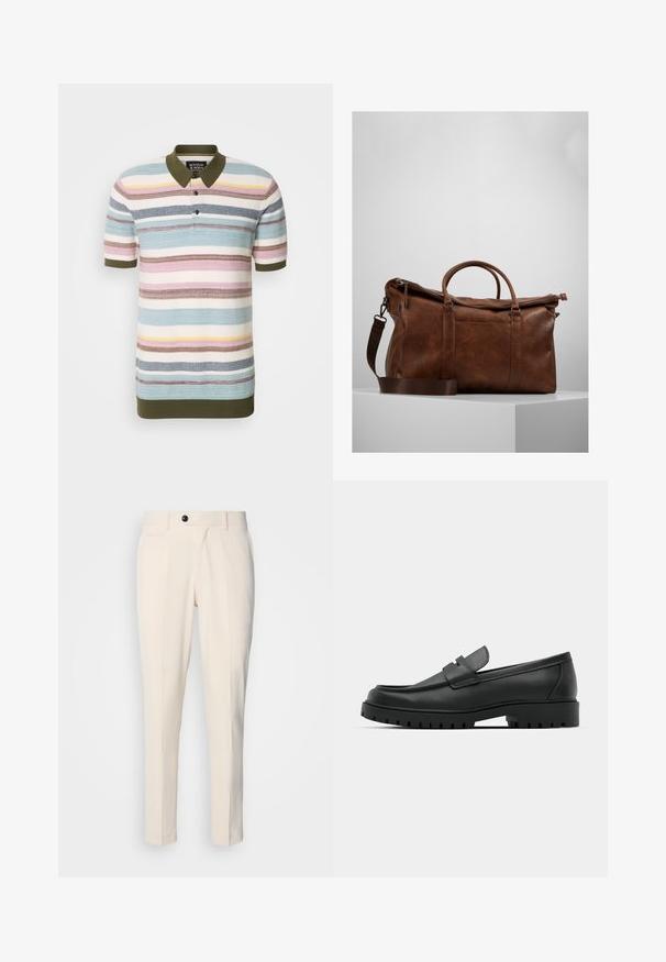 Scotch & Soda - Koszulka polo; Beżowe spodnie o dopasowanym kroju z płaskim przodem, z zapięciem na jeden guzik i dwoma ukośnymi bocznymi kieszeniami. Gładki materiał, wąski krój i zwężająca się nogawka.; Czarne skórzane mokasyny z zaokrąglonym noskiem, posiadające przeszywany wzór, niską platformę oraz teksturowaną, gumową podeszwę z bieżnikiem.; Brązowa skórzana torba sportowa z zamknięciem na zamek, podwójnymi uchwytami, regulowanym paskiem na ramię oraz widocznymi wzorami tekstury na powierzchni.