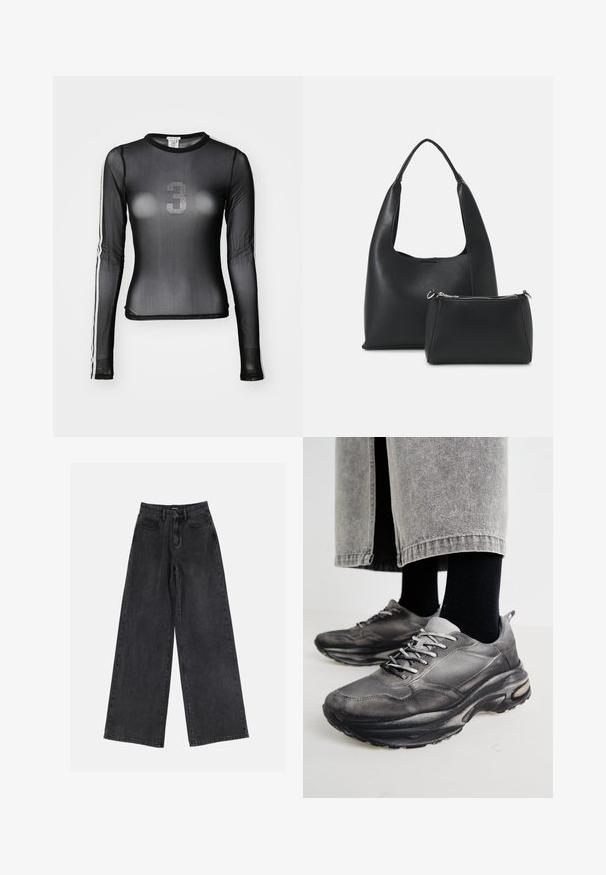 Top de malha preto de mangas longas com decote redondo, apresentando o número "3" em strass e riscas brancas em contraste ao longo das mangas.; Calças de ganga largas pretas com uma cintura alta, design clássico de cinco bolsos e desbotamento subtil. Tecido durável com uma textura suave.; Sapatilhas atléticas pretas e cinzentas apresentam um upper em malha, solas espessas e atacadores. Têm um bico arredondado e detalhes de amortecimento visíveis.; Even&Odd SET - Mala de mão - black