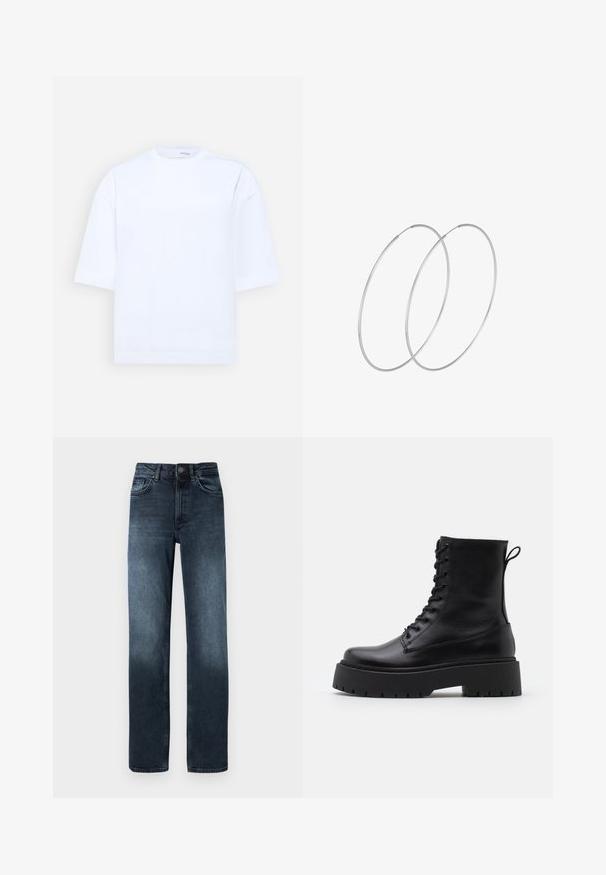 Selected Femme SLFANOUK OVERSIZED TEE - Camiseta básica - bright white; Jeans de mezclilla azul oscuro con corte recto, cinco bolsillos y cierre frontal de botón. Presenta detalle de desgastado cerca del dobladillo.; Botas de cuero negras hasta el tobillo con punta redonda, cordones en la parte delantera y una suela de goma gruesa con un dibujo texturizado. Tirador en la parte trasera.; Pendientes de aro plateados con un diseño minimalista. Forma circular, textura suave y perfil delgado. Livianos con un acabado pulido.