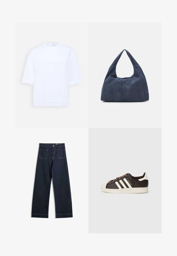 Selected Femme SLFANOUK OVERSIZED TEE - Základné tričko - bright white; Tmavomodré široké džínsy vyrobené z denimu s kontrastným hnedým prešívaním, dvoma zadnými vreckami a zapínaním na gombík v páse.; Nízke tenisky Adidas Superstar z tmavohnedej kože s béžovou špičkou, bielymi pruhmi a nápisom „Superstar“ na boku.; Tmavomodrá džínová taška so mäkkým, voľným tvarom, s rukoväťou v štýle hobo a textúrovaným povrchom. Žiadne viditeľné kovové akcenty.