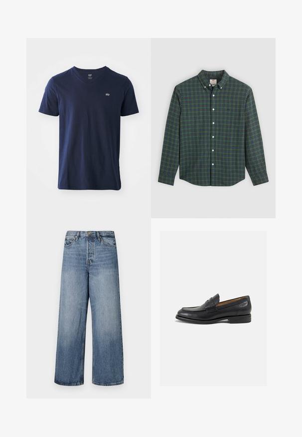 Tamsiai mėlyna medvilninė marškinėliai su V-kaklu, trumpomis rankovėmis ir mažuoju išsiuvinėtu logotipu krūtinėje. Švelni tekstūra ir kasdieniškas dizainas.; Ilgųjų rankovių mygtukų marškiniai su žaliu, mėlynu ir geltonu languotumu, baltais mygtukais ir su mygtukais užsegamu apykakle.; Platus blekno džinsai su išblukusiu skalbimu, penkių kišenių dizainu ir mygtukų uždarymu. Įrengti diržo kilpomis ir siuvinėjimu.; Juodi odiniai loafersai su lygiu paviršiumi, apvaliu pirštu ir dekoratyvine siūlė viršuje. Žemas sustiprintas kulnas ir lengvas blizgesys.
