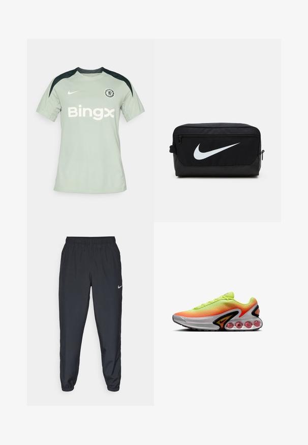 Svijetlozeleni Nike nogometni dres s crnim akcentima, kratkim rukavima, okruglim izrezom, s "Bingx" logotipom i grbom Chelsea FC na prsima.; Crne trenirke od laganog materijala s elastičnom trakom u struku, manžetama na gležnjevima i diskretnim Nike logom s lijeve strane.; Trkaća cipela lime zelene i narančaste boje s mrežastim gornjim dijelom, crnim detaljima, vidljivim zračnim jastučićem u potplatu i teksturiranim uzorkom na podlozi.; Crna Nike toaletna torba glatke teksture, s bijelim Swoosh logotipom, zatvaranjem na vrhu s patentnim zatvaračem i bočnom džepom.