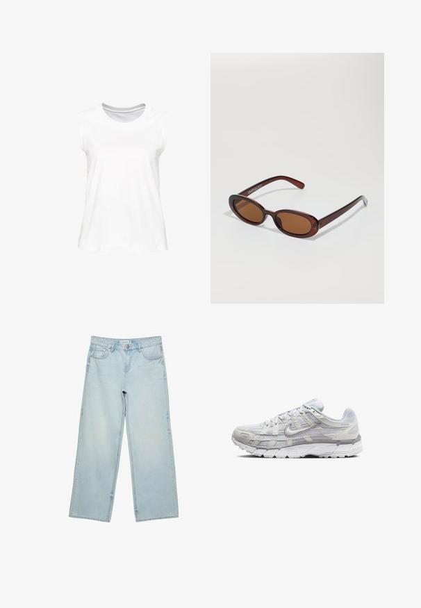 Canotta bianca in cotone senza maniche con scollatura rotonda. Texture liscia, taglio dritto e dettagli minimali. Ideale per un abbigliamento casual.; Jeans a gamba larga di un blu chiaro in denim, con vita alta, cinque tasche e un leggero sbiadimento. Taglio dritto con bordi orlati.; Scarpe da ginnastica grigio chiaro con tomaia in rete e sintetico, dotate di chiusura con lacci, collo imbottito e suola testurizzata per una migliore aderenza.; Occhiali da sole rotondi con tonalità marrone, montatura lucida color bordeaux. Aste sottili con un sottile dettaglio del marchio. Design delle lenti piatte.
