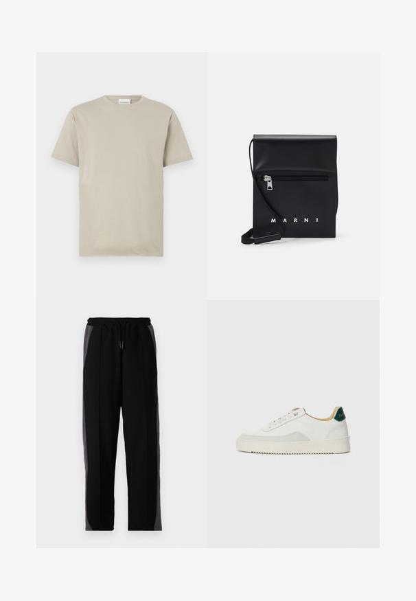 Beige pamut póló, rövid ujjal, kerek nyakkal, egyszínű minták nélkül, laza szabású, a nyakrészen "CLOSED" felirattal.; Fekete jogger nadrág szürke oldalsó panelekkel, rugalmas derékkal és húzózsinórral, sima textúrával és szűkített lábformával.; Fehér sneaker suédé részletekkel, kerek orral, lapos fűzőkkel és krémszínű gumitalppal. Zöld logó található a sarkán.; Fekete bőr keresztpántos táska cipzáras elülső zsebbel, dombornyomott logóval és állítható pánttal. Simább textúra, amelynek strukturált alakja van.