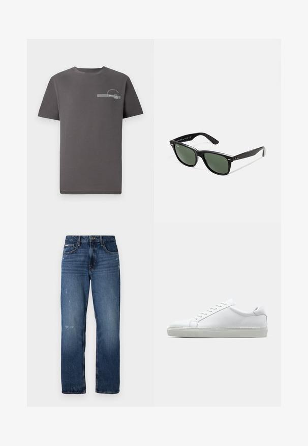 Hallide hall kaelusega hall puuvillane t-särk lühikeste varrukatega, rinnaosal väike trükitud muster, mis sisaldab teksti ja triibulist aktsenti.; Sinine denimist valmistatud sirge jala disainiga teksad. Esiosal on pleekinud alad ja kerge kulumine, klassikaline nupplukuga.; Valge tennisetoss, millel on sile nahk pealis ja madal profiil. Omab ümarat ninaosa, kuut silmust ja tekstuuriga kummist talda.; Mustad mustan plastiku prillid roheliste läätsedega, ruudukujulised raamid, hõbedane aksent kulmude peal ja tekstuuriga tempelkäed. Brändi nimi on märgitud sisevarrele.