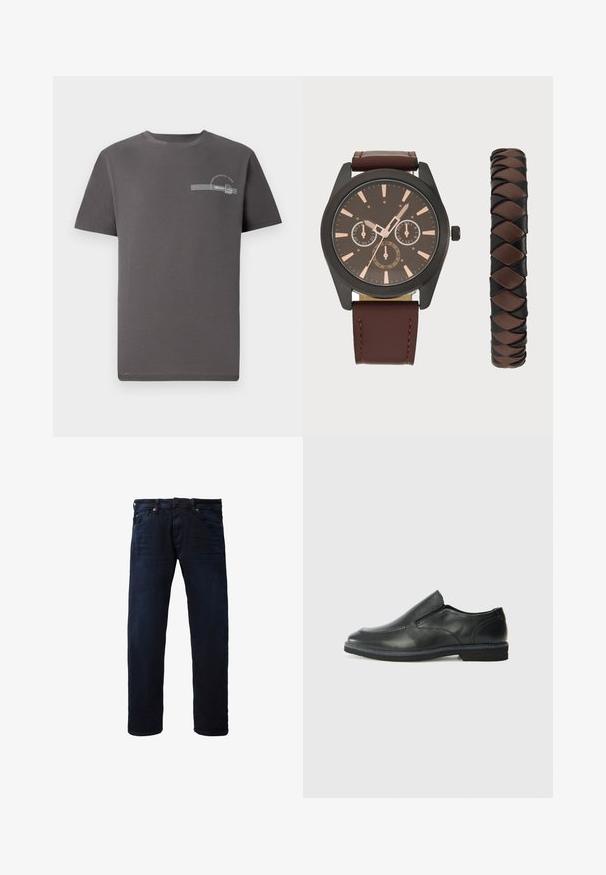 T-shirt de algodão cinza com mangas curtas, decote redondo, um pequeno design impresso no peito, apresentando texto e um destaque listrado.; Jeans de denim azul escuro com corte reto, design de cinco bolsos e fecho padrão com botão. Textura suave com mínimo desgastamento.; Sapato slip-on preto em pele com um upper liso, acabamentos cosidos, bico arredondado e um salto de borracha baixo. A sola apresenta um padrão de aderência mínimo.; Pier One SET - Relógio - black/brown