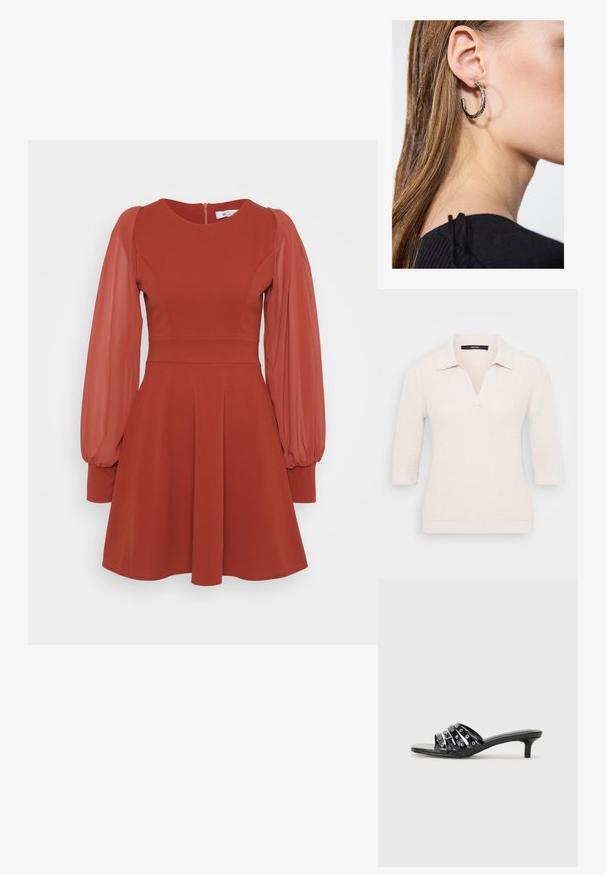 Kötött krémszínű pulóver V-nyakkal és rövid ujjakkal, texturált felülettel és klasszikus póló gallérral. Enyhén karcsúsított fazon.; Piros ruha rövid puffos áttetsző ujjal, testhez simuló felső résszel, bővülő szoknyával és hátul cipzárral. Texturált anyagból készült sima felülettel.; Fekete magassarkú szandálok, amelyek fényes pántokkal és fémes részletekkel rendelkeznek, hegyes orral és szerény kiscipő sarkakkal. Simább textúra.; Arany fémes clutch táska sima textúrával, háromszög alakú csattal. A kéz, amely tartja, szépen manikűrözött körmökkel rendelkezik.; Ez egy ezüst fülbevaló, sima felülettel, amelyen apró arany díszítőelemek találhatók. Kerek formájú és a fülcimpán viselik.