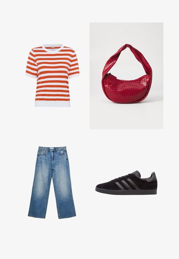 Maglietta a maniche corte a righe in arancione e bianco; collo rotondo; trama morbida; taglio dritto; rifinita con un orlo a coste bianche.; Jeans in denim blu a gamba ampia con lavaggio chiaro, dotati di cinque tasche, chiusura con bottone e cuciture a vista lungo le cuciture.; Sneaker nere in suede con suole in gomma testurizzata, dotate di tre strisce in pelle nera, punta arrotondata e collo imbottito alla caviglia.; Borsa a tracolla in pelle intrecciata rossa con manico curvo e imbottito, chiusura a zip e finitura testurizzata, con una lucentezza brillante.