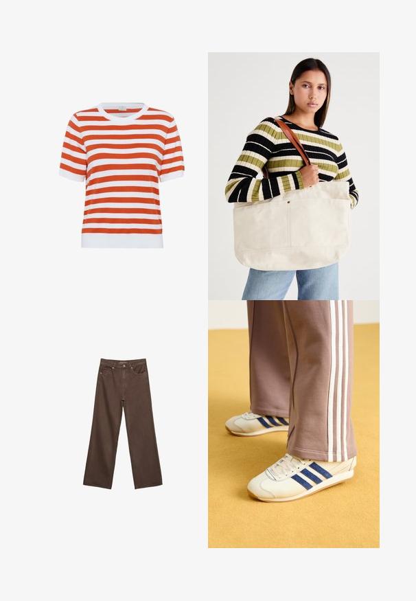 Črtasta kratka sleeves majica iz pletenine v oranžni in beli barvi; okrogla vrata; mehak material; ravno krojena; zaključena z enobarvnim belim rebrastim robom.; Široke rjave kavbojke iz denima, ki imajo visok pas, sprednje žepe in klasično zapiranje na gumb. Gladka tekstura s subtilnim šivom.; Kremni športni copati z modrimi usnjenimi črtami, belimi vezalkami in gumijastim podplatom. V kombinaciji s sivimi trenirkami z belimi stranskimi črtami.; Velika bež platnena torba z rjavimi usnjenimi ročaji, ki se ponaša z minimalnim dizajnom in vidnimi šivi.