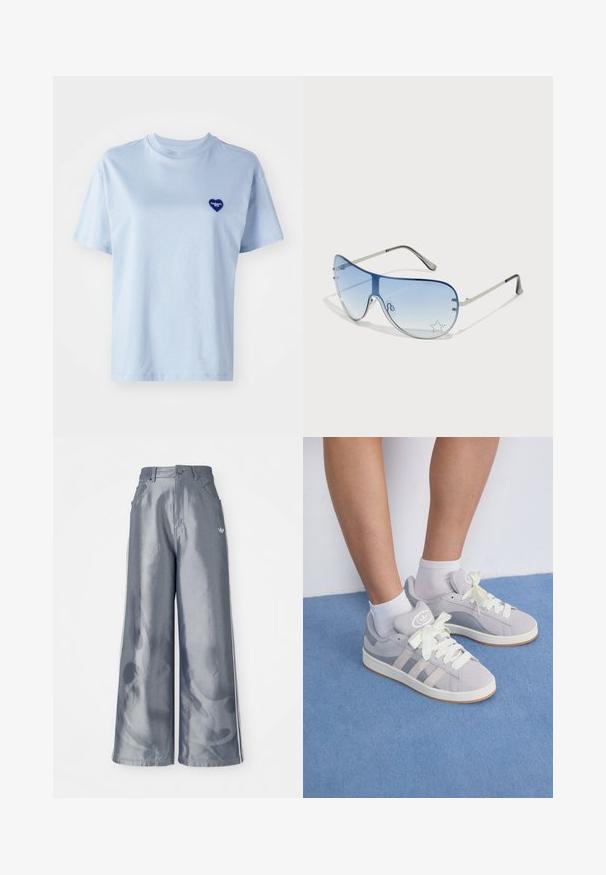 Šviesiai mėlyna trumpas rankovės marškinėliai, pagaminti iš minkštos medvilnės, su mažu mėlynu širdies logotipu kairėje krūtinės pusėje. Apvali iškirptė, laisvas siluetas.; Plačios kelnės iš blizgaus pilko medžiagos, su baltomis šoninėmis juostelėmis ir liepsnos raštu apatinėje dalyje. Mygtuko ir užtrauktuko uždarymas juosmens srityje.; Pilki zomšiniai sportbačiai su baltais raišteliais ir guminiais padais, puikuojantys trimis įstrižainėmis juostelėmis šone ir logotipo etikete ant liežuvio.; Aviatoriai akiniai su gradientiniais mėlynais objektyvais, sidabriniu metaliniu rėmu ir dekoratyvinėmis žvaigždžių akcentais ant objektyvų. Lygaus ir stilingo dizaino.