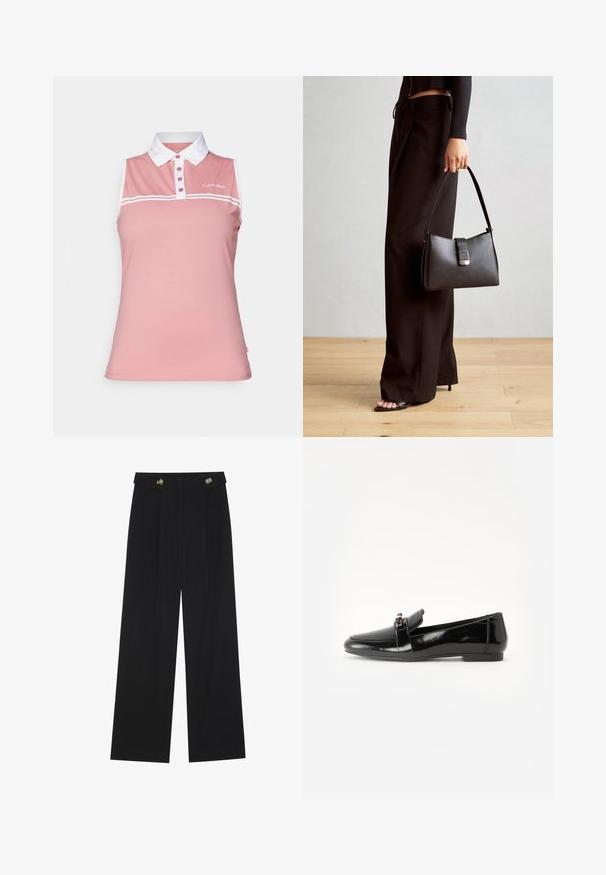 Sleeveless polo shirt in light pink cotton with a white collar, three-button placket, and contrasting white horizontal stripes. Calvin Klein logo present.; Black wide-leg trousers with high waist, button details on waistband, and front pleats.; Black patent leather loafer with a flat sole, rounded toe, and a decorative strap featuring a gold-tone accent. Smooth, shiny finish.; Black handbag with structured shape, smooth texture, and a metallic clasp. Paired with wide black pants and open-toe sandals on wooden floor.