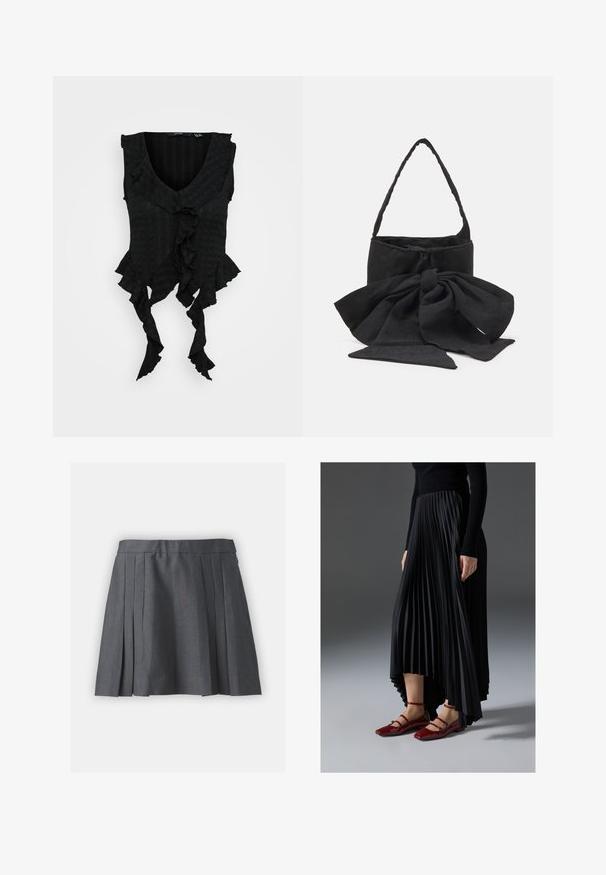 Črni brezrokavnik z globokim V-izrezom, ki ima naborke na robovih in teksturirano tkanino. Poudarja tekočo silhueto.; Siva nabrana krilka iz teksturiranega materiala, z pasom in skrito zadrgo. Ima enakomerno razporejene nabore za strukturiran videz.; Črna nabrana krila z višjim sprednjim in nižjim zadnjim delom, kombinirana z sijočimi rdečimi balerinkami s trakastim dizajnom. Tkanina ima gladko teksturo.; Črna tkanina torbica z naglavno pentljo, okroglo obliko, teksturirano površino z majhnimi vzorci in eno tanko ročico.