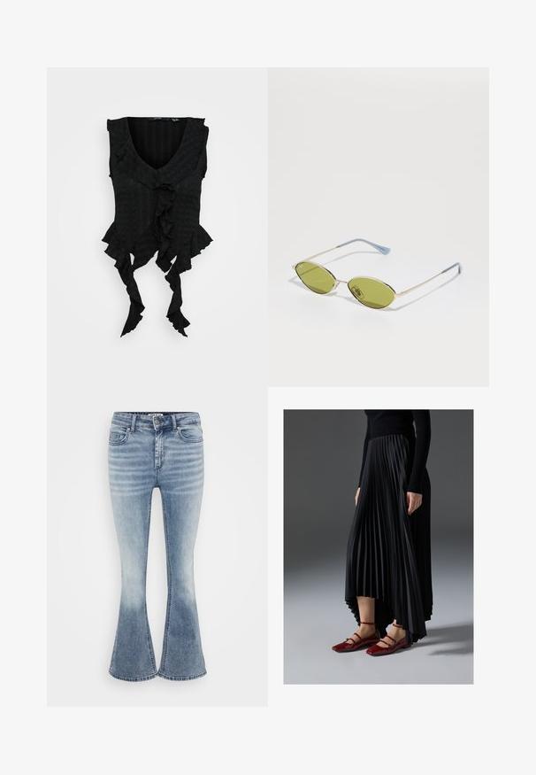 Černý bezrukávový top s hlubokým výstřihem do V, zdobený volánovými okraji a texturovanou látkou. Zvýrazňuje volnou siluetu.; Svetle modré zvonové džíny vyrobené z denimu, s klasickým designem pěti kapes, s předním zipovým zapínáním a jemným vyblednutím podél stehen.; Černá plisovaná sukně s vysokým předním a nízkým zadním lemem, kombinovaná s lesklými červenými balerínami se strapkovým designem. Tkanina má hladký povrch.; Olivově zelené sluneční brýle s tenkým zlatým rámem a modře akcentovanými stranami. Oválné čočky a minimalistický design.; Stříbrné kruhové náušnice s hladkým, lesklým povrchem. Kulatý tvar a bezpečné zapínání na klip. Lehký design vhodný pro každodenní nošení.