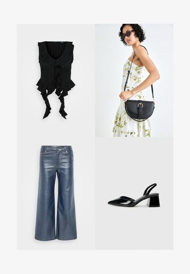 Must have varrukateta must top, millel on sügava V-kaeluse disain, rippuvad äärised ja tekstuuriga kangas. Rõhutab voolavat siluetti.; Tumedateed denim püksid tumedas sinises, mis omavad siledat tekstuuri, viie tasku disaini ja kontrastset õmblust. Esiküljel nupuga ja lukuga sulgemine.; Mustad musta lakknahk kingad, millel on terav varvas ja geomeetriline plokkkonts. Omab elegantselt minimalistlikku disaini ja sujuvat tekstuuri.; Mustmust mustraha kõverate joontega, eemaldatava rihmaga ja kuldsete detailidega. Kotil on klapp, millel on pandladetail.