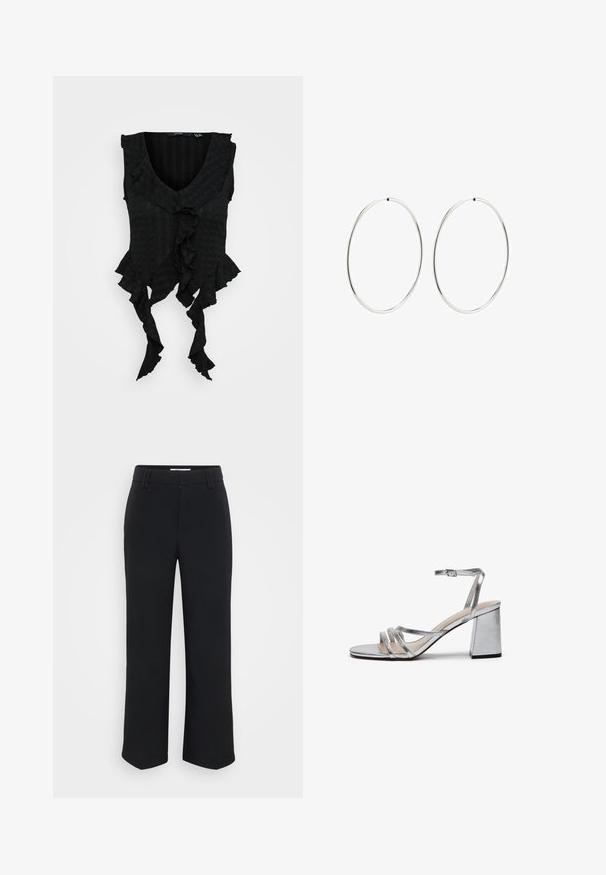 Čierny bezrukávový top s hlbokým výstrihom do V, s volánovými okrajmi a textúrovanou látkou. Zosilňuje voľnú siluetu.; Čierne široké nohavice s hladkou textúrou, s plochým pásom a bočnými vreckami, navrhnuté v minimalistickom štýle.; Strieborné metalické sandále na vysokom podpätku s blokovým podpätkom, tenkým remienkom okolo členka a niekoľkými širokými remienkami cez prednú časť nohy. Hladká textura.; Strieborné kruhové náušnice s hladkým, okrúhlym dizajnom a lesklým povrchom. Sú tenké a ľahké, s jednoduchým uzáverom.