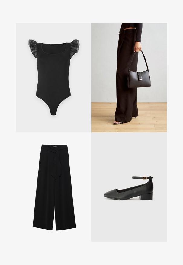 Black fitted bodysuit with square neckline and sheer ruffled cap sleeves, displayed flat on a white background.; Black wide-leg pants featuring a textured fabric, an elastic waistband, and a detachable sash tie at the waist for adjustable fit.; Black leather pump with a pointed toe and a low block heel. Features an ankle strap with a gold-tone buckle. Smooth texture.; Black handbag with structured shape, smooth texture, and a metallic clasp. Paired with wide black pants and open-toe sandals on wooden floor.