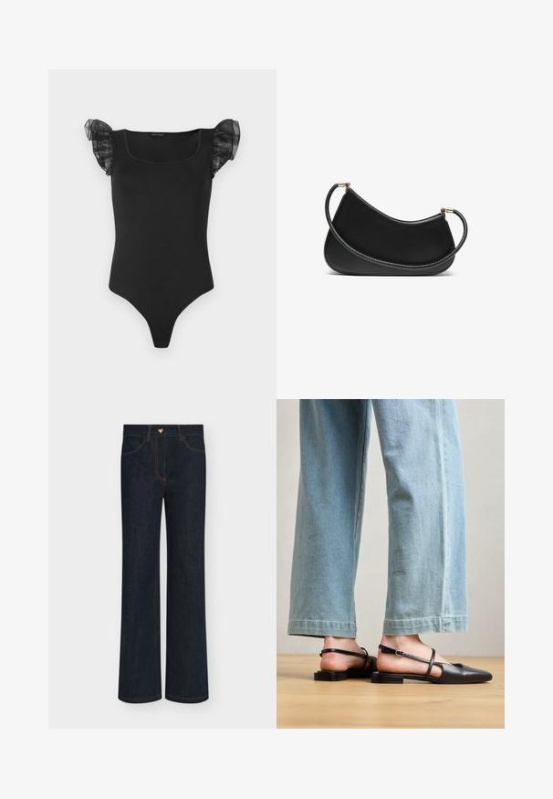 Czarna dopasowana bodysuit z kwadratowym dekoltem i przezroczystymi, falbaniastymi rękawami, prezentowana na płasko na białym tle.; Dżinsy o szerokich nogawkach z ciemnego denimu, z wysokim stanem, ozdobione pomarańczowymi przeszyciami i metalowym guzikiem w kształcie serca. Projekt z pięcioma kieszeniami.; Czarne skórzane buty na plecaku z zakończeniem w szpic, płaskim obcasem i paskiem na kostce; noszone z jasnoniebieskimi spodniami w szerokie nogawki.; Czarna skórzana torba na ramię o zaokrąglonym designie, z teksturowanym paskiem i złotymi akcentami przy górnym zapięciu. Gładkie wykończenie.