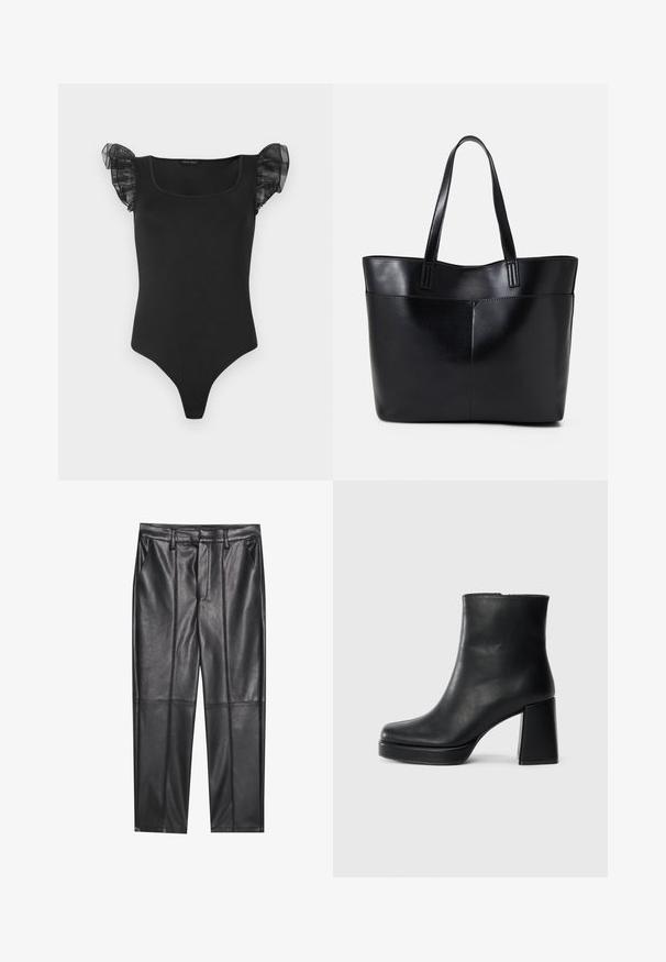 Body aderente nero con scollatura quadrata e maniche a sbuffo trasparenti, mostrato disteso su uno sfondo bianco.; Pantaloni in pelle nera con una texture liscia, caratterizzati da un fit dritto, due tasche frontali e dettagli delle cuciture in evidenza.; Stivale alla caviglia in pelle nera con tacco a blocco e suola platform, visto di lato su uno sfondo bianco uniforme.; Borsa a tracolla in pelle nera con due manici lunghi, una texture liscia e una forma strutturata. Presenta una tasca frontale per ulteriore spazio di archiviazione.